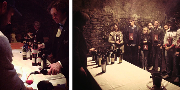 Left: One of many Sommeliers that poured our wine that day.  Right: Group shot, getting an education about the origin and process for each wine.